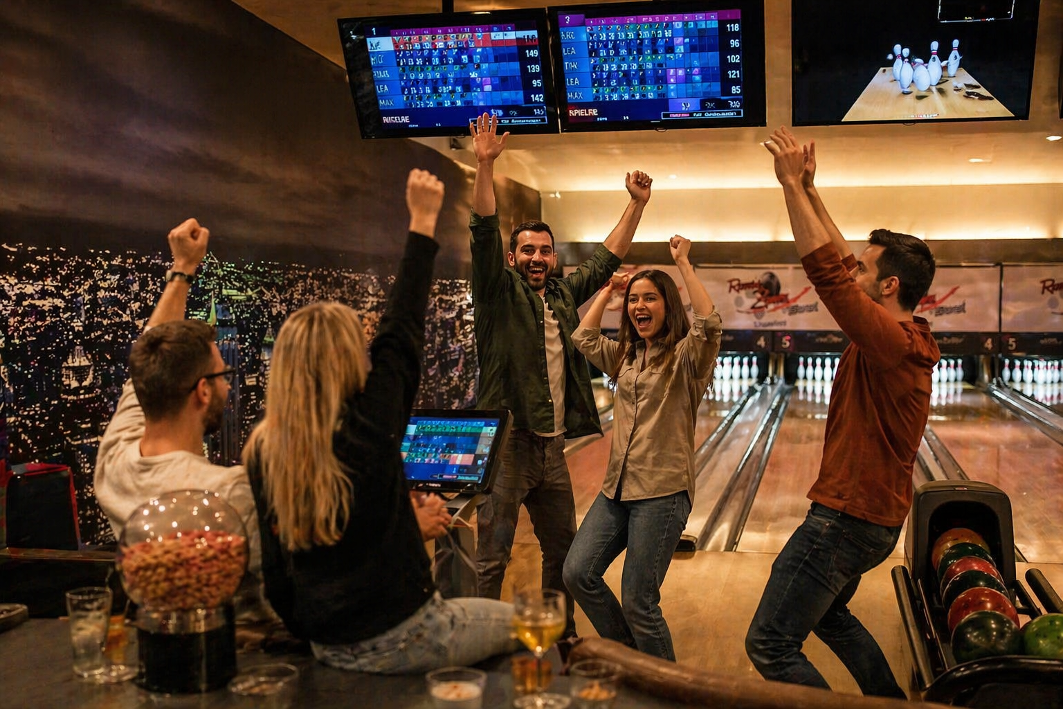 Freundesgruppe beim Bowling
