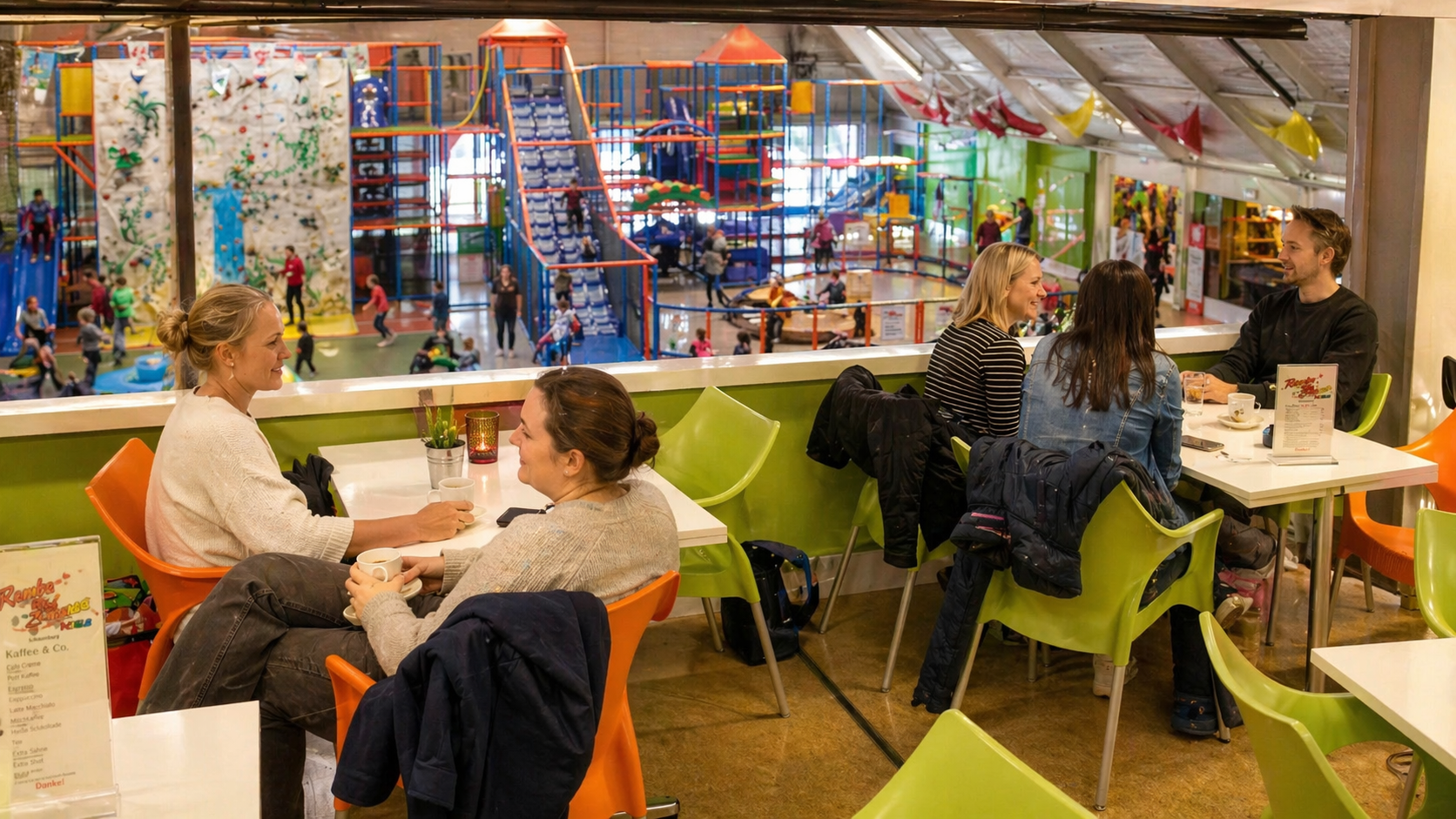 Eltern entspannen in der Lounge mit Blick auf die Spielwelt